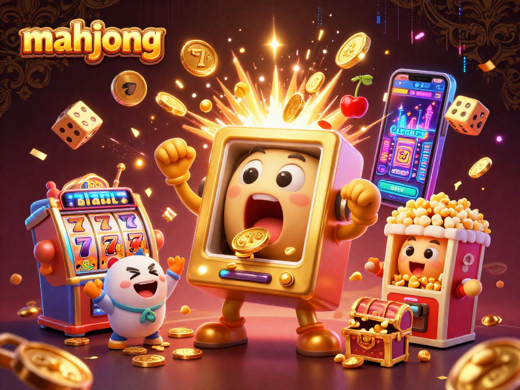 Engaging mahjong-themed illustration showcasing a golden slot machine winning a jackpot amidst energetic casino elements.