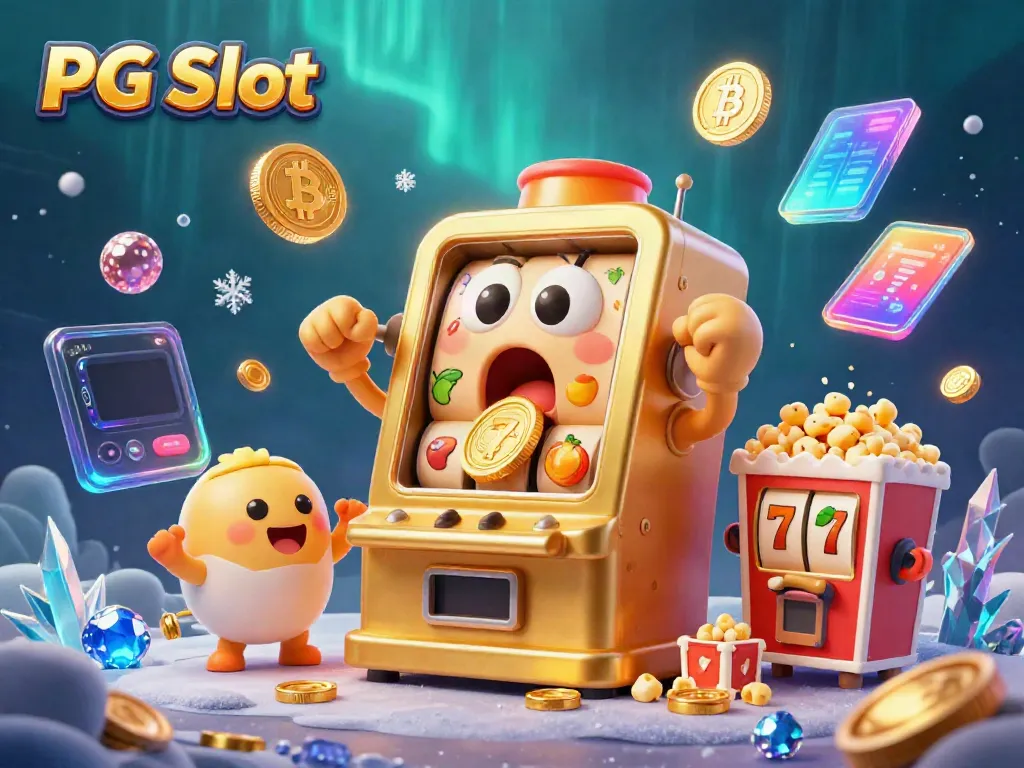 Witness a golden PG Slot machine celebrating with coins pouring out, surrounded by cheering baby machines and crypto elements.
