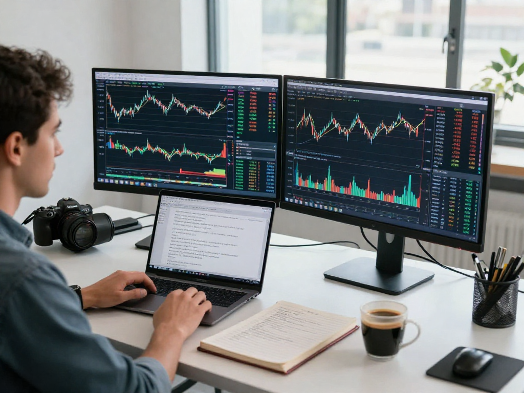 Engaged trader using TradingView in a modern office with financial charts and analysis tools.