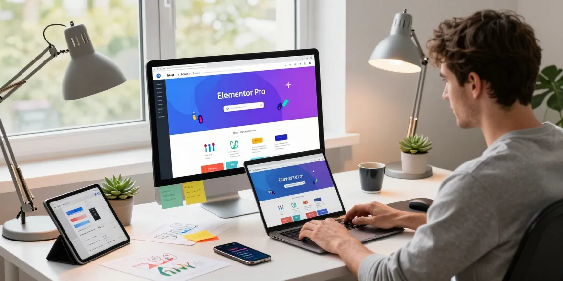 Creative developer using Free Elementor Pro in a bright digital workspace design.