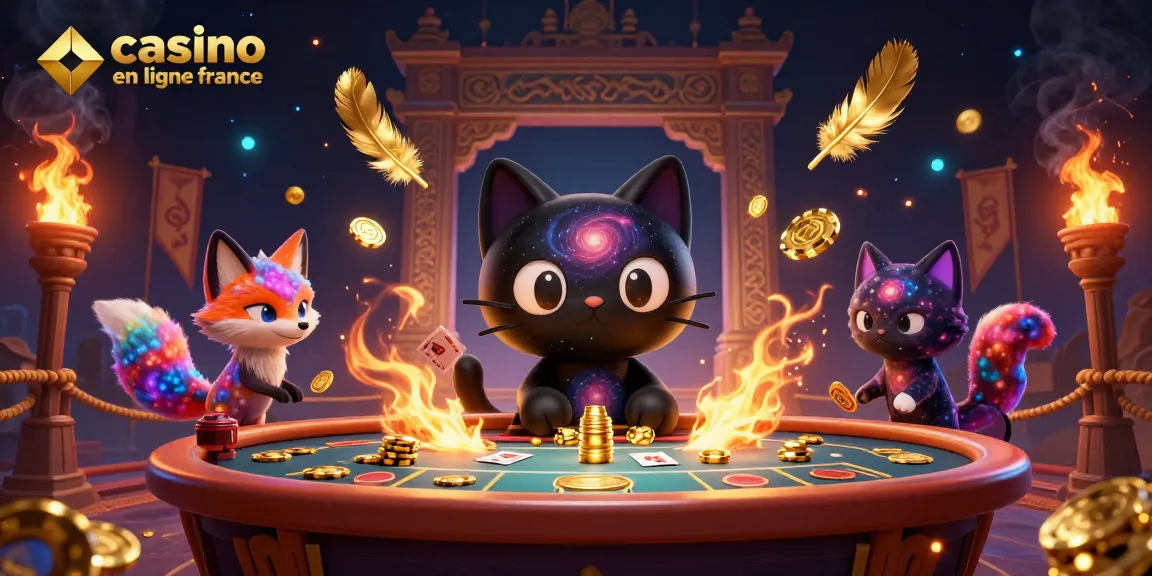 Visualisez un casino en ligne France avec des personnages colorés et des jetons d'or en pleine action.