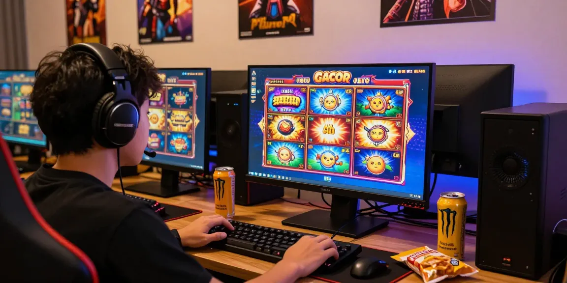 Gamer bermain slot gacor online di ruang nyaman dengan aksesori gaming.
