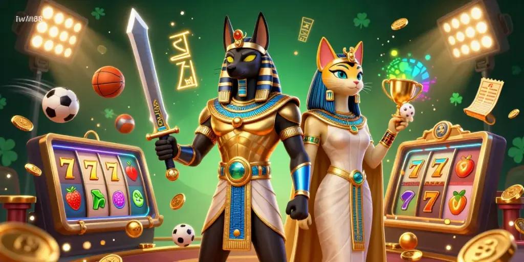 Experience the thrill of iwin88 with a vibrant casino scene featuring Anubis and Bastet amidst dynamic sports and gaming elements.