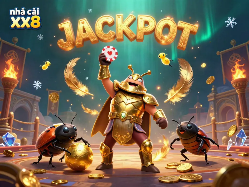 Win big at nhà cái xx8 with a heroic beetle celebrating Jackpots amid a lively casino scene.