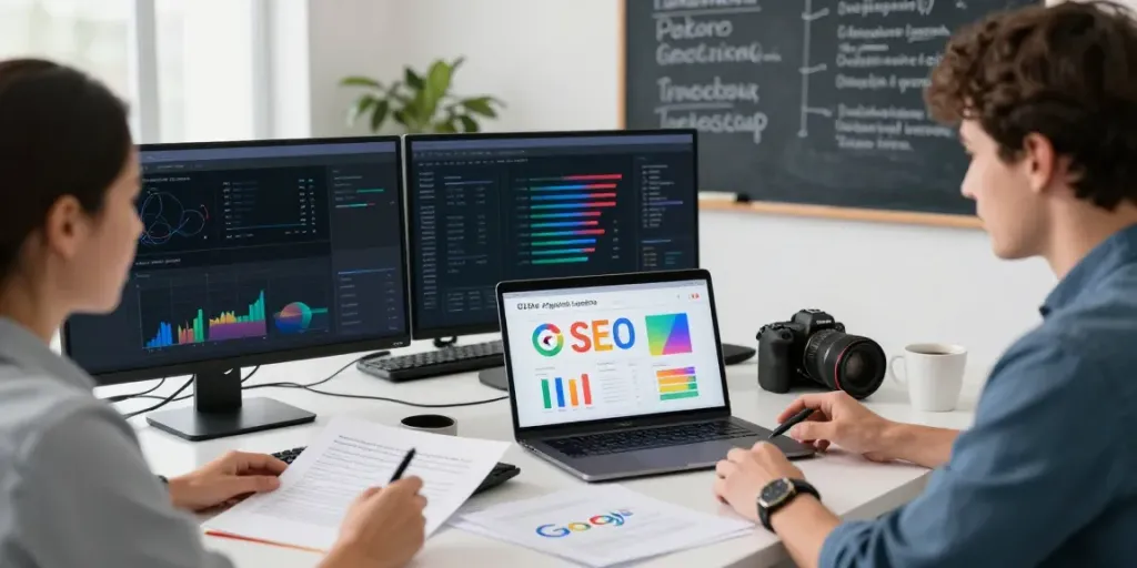 rokok88 team collaborating on SEO strategies in a modern office