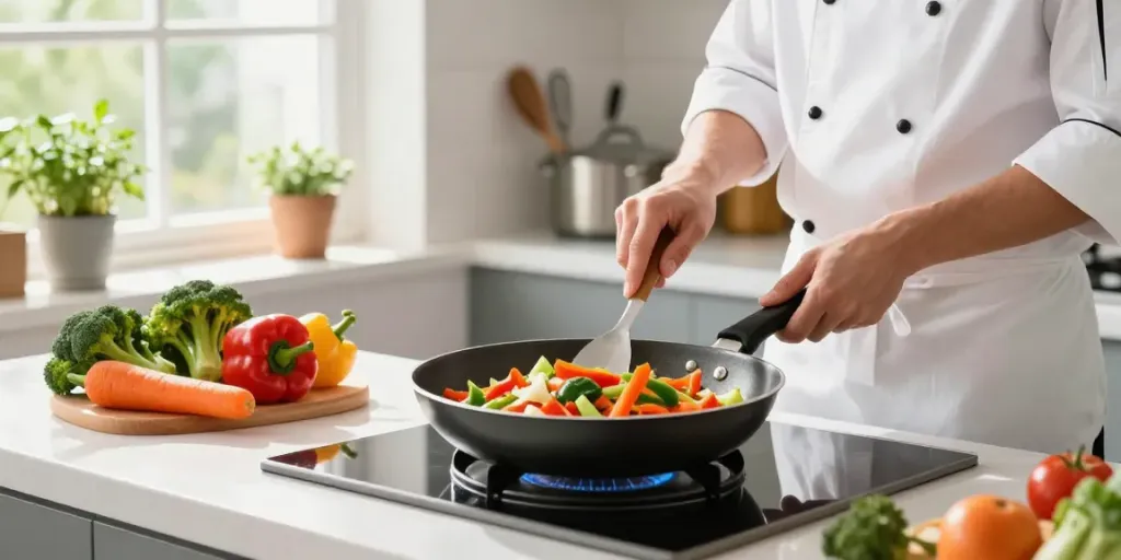 CookWare Price in Bangladesh showcased with vibrant cooking scene featuring non-stick pans and fresh vegetables.