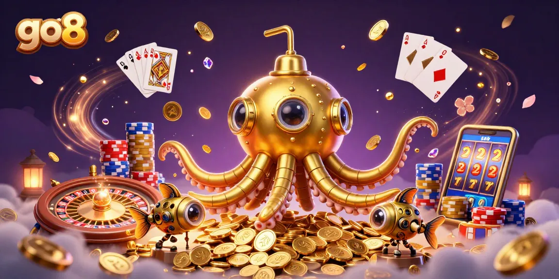 Play thrilling games at go8, featuring a golden kraken submarine and sparkling casino elements.