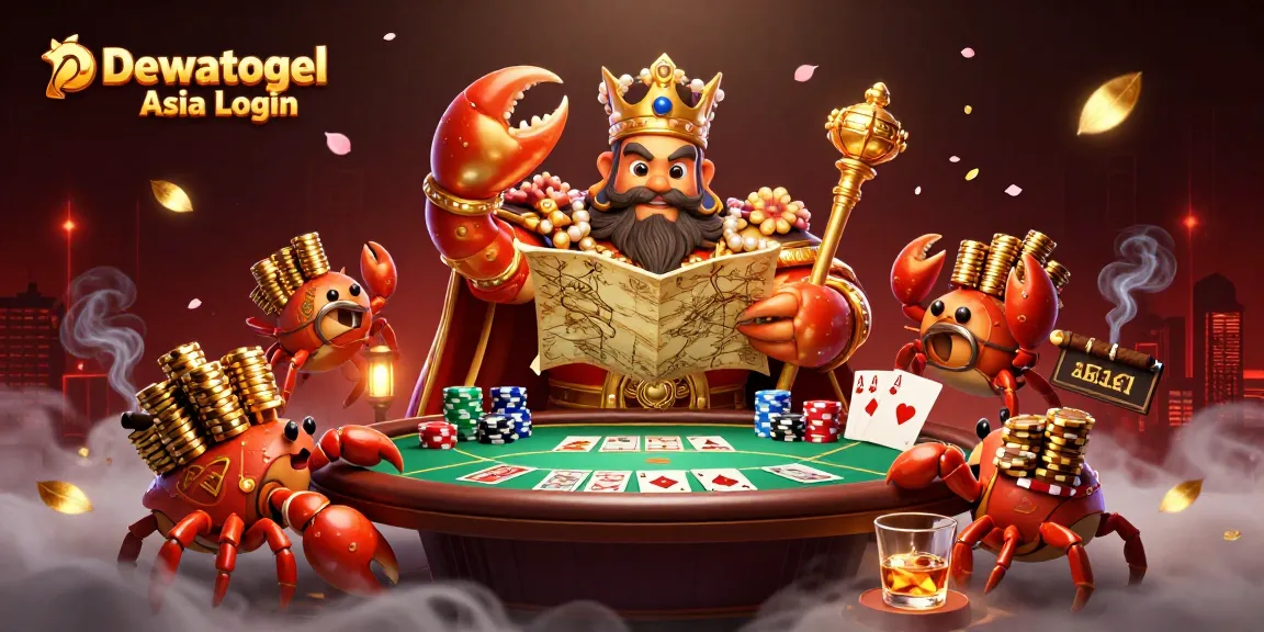 Dewatogel Asia Login - Engage in dynamic online gambling with a vibrant golden crab emperor and poker elements.