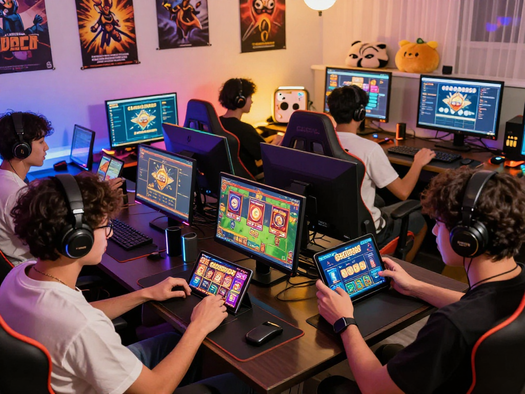 Excited players enjoying slot gacor games online with vibrant devices in a cozy gaming corner.