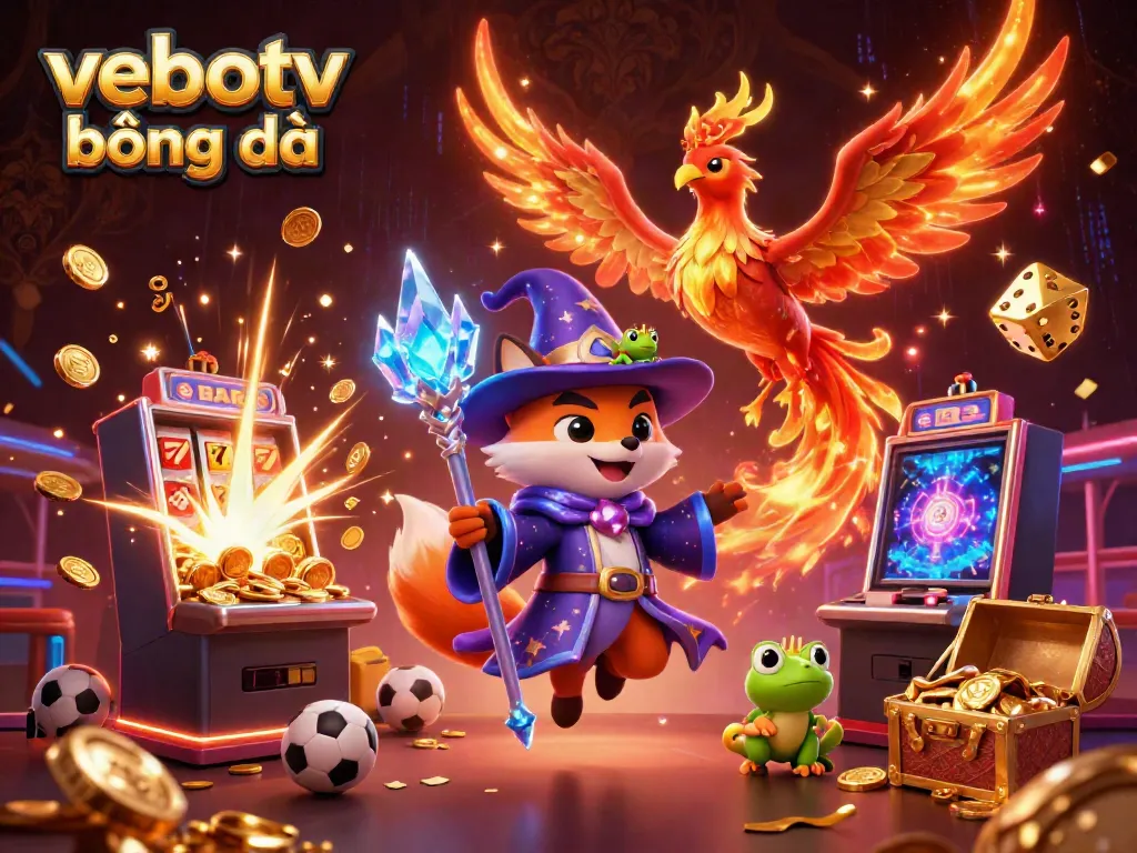 Experience vebotv bóng đá with a mystical wizard fox and his phoenix companion amidst dynamic casino elements.