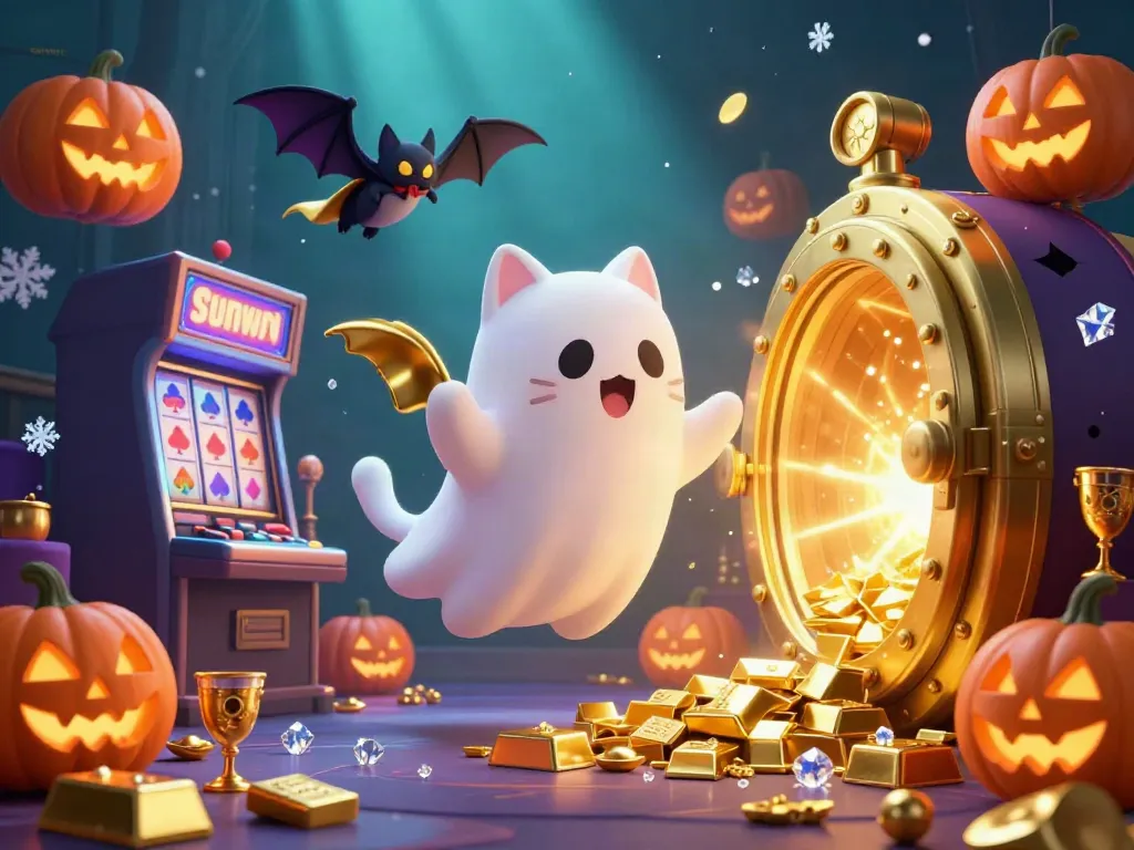 Calculate your winning odds with sunwin, featuring a vibrant 3D ghost cat in a lively casino setting.