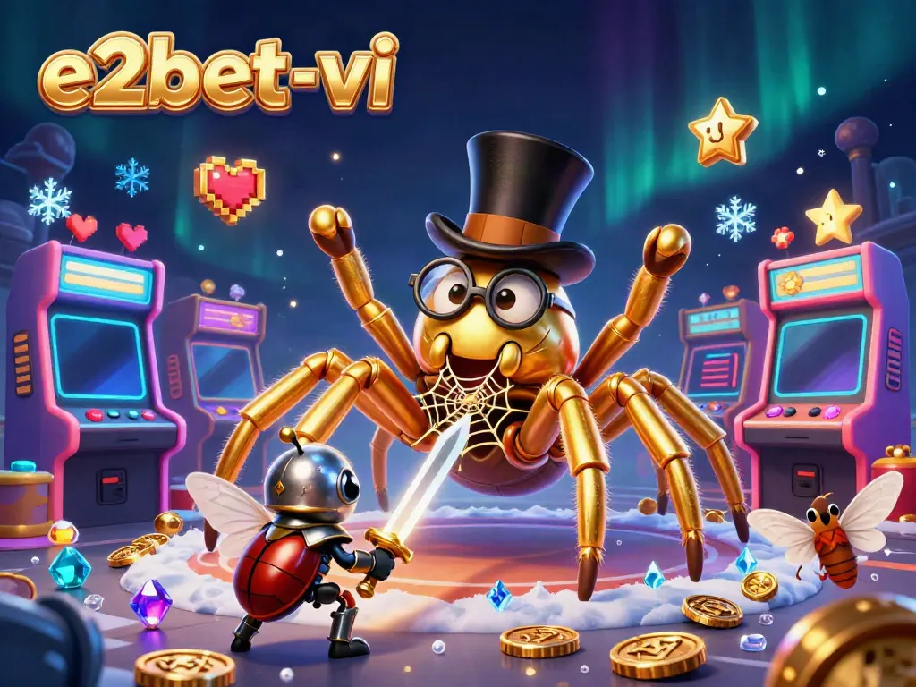 E2bet-vi showcases a vibrant 3D cartoon scene with a golden tarantula and beetle knight in a dazzling casino.