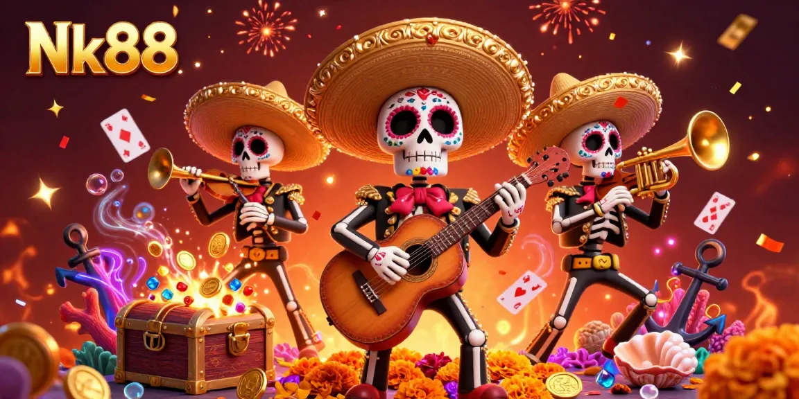 Engage with Nk88 in this vibrant casino-themed illustration of a Day of the Dead mariachi band amidst dazzling game elements.