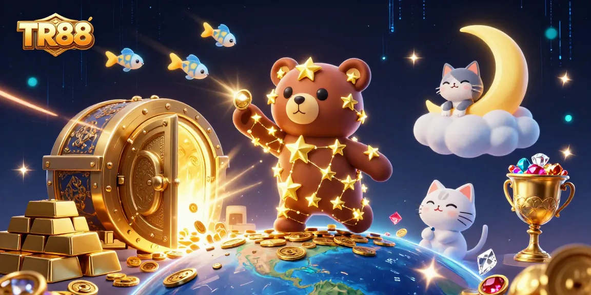 TR88 offers a vibrant scene of a constellation bear collecting coins amidst a dazzling casino atmosphere.