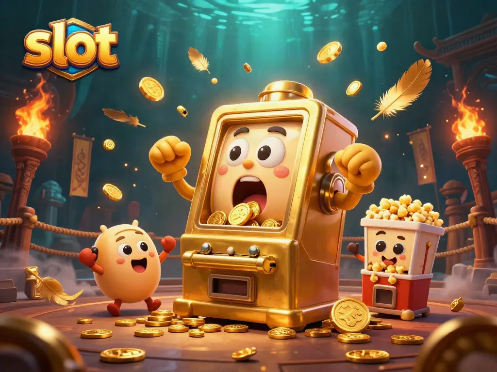 Slot mesin jackpot emas aneh menyebarkan koin sambil bersorak di arena berapi.