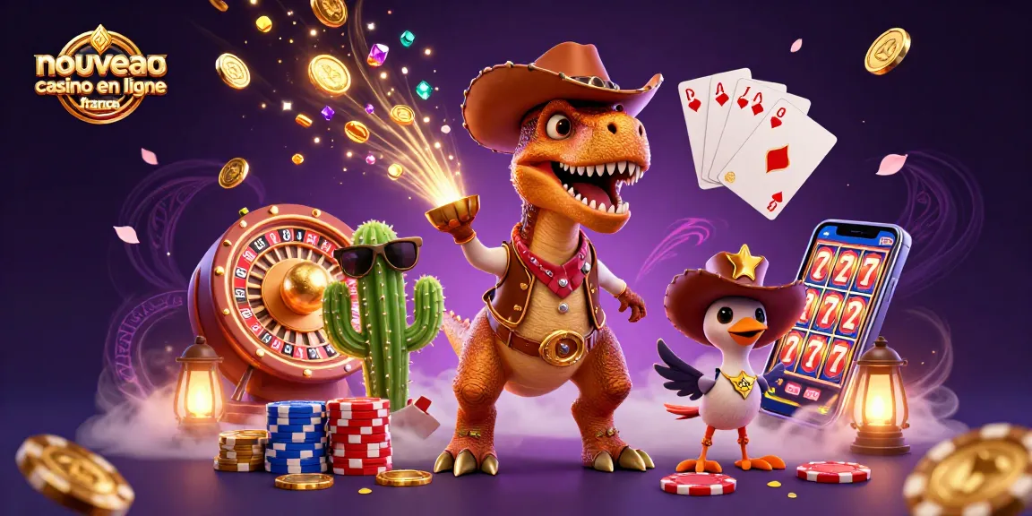Illustration dynamique des personnages créatifs au casino, intégrant "nouveau casino en ligne france".
