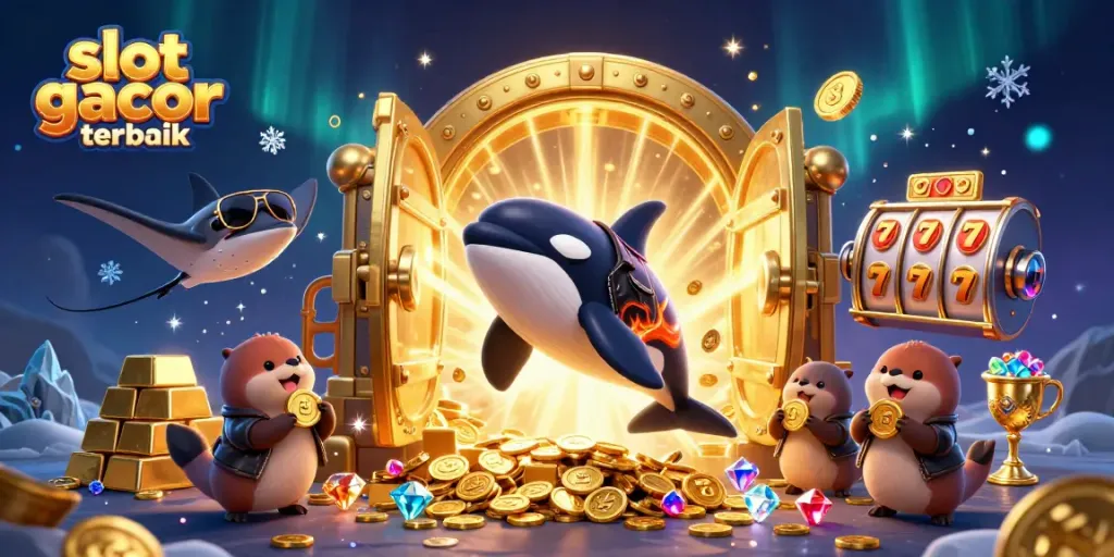 Slot gacor terbaik dikelilingi karakter kartun orca, stingray, dan berang-berang dengan koin emas.