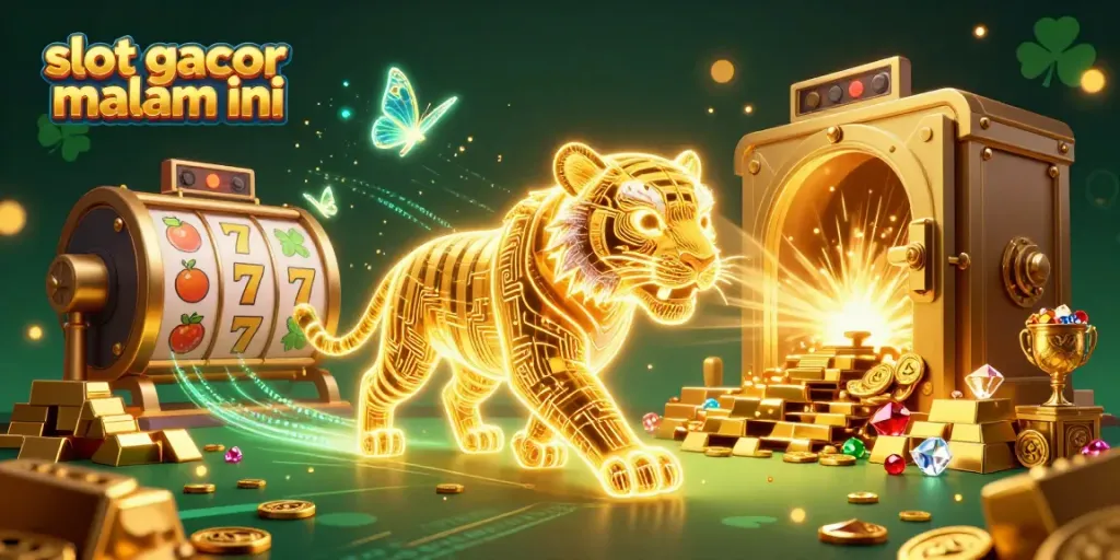 Mencari slot gacor malam ini? Ilustrasi 3D persembahan jackpot dengan elemen kasino yang memukau.