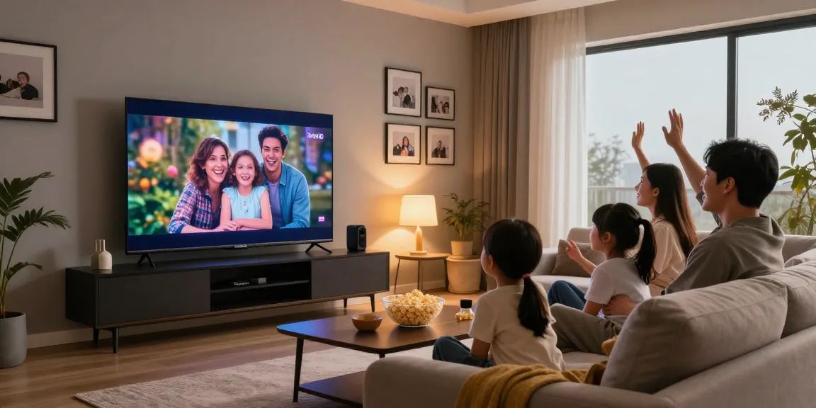 Family enjoying movie night on a mini LED TV in a cozy living room.