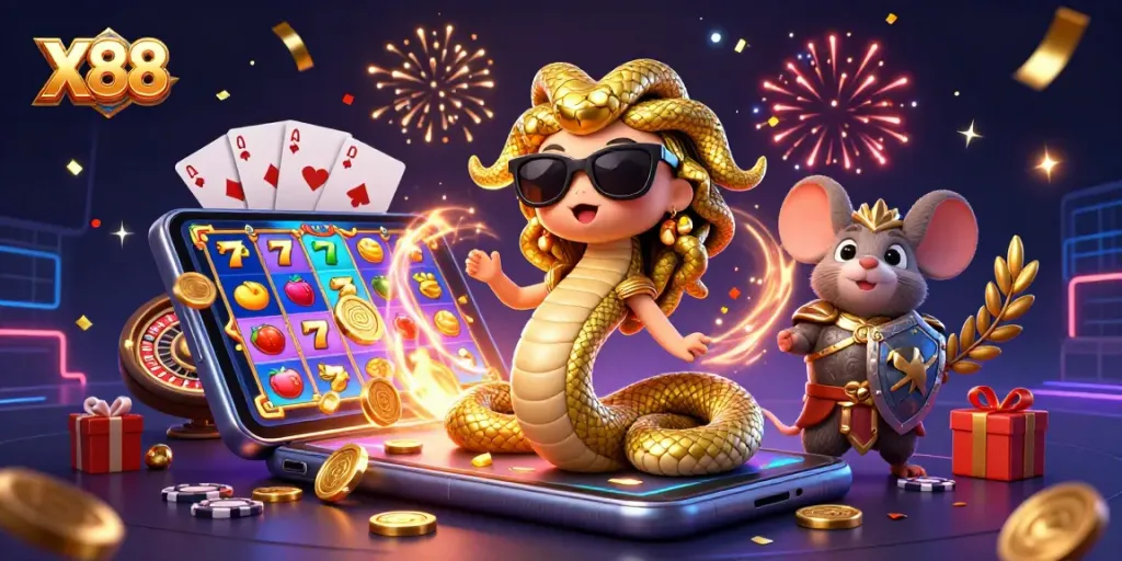Experience winning excitement with X88's vibrant casino adventure featuring a charming Medusa and thrilling game elements.