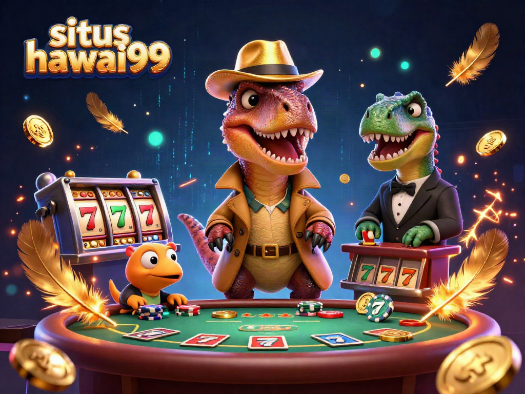 Watch the velociraptor card counter blend in at the situs hawai99 blackjack table amidst golden casino elements.