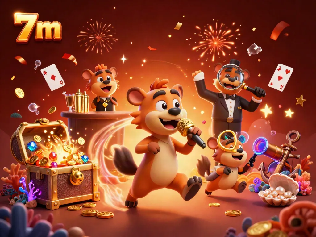 Experience thrilling comedy in the 7 m casino featuring playful hyenas, gold coins, and vibrant decorations.