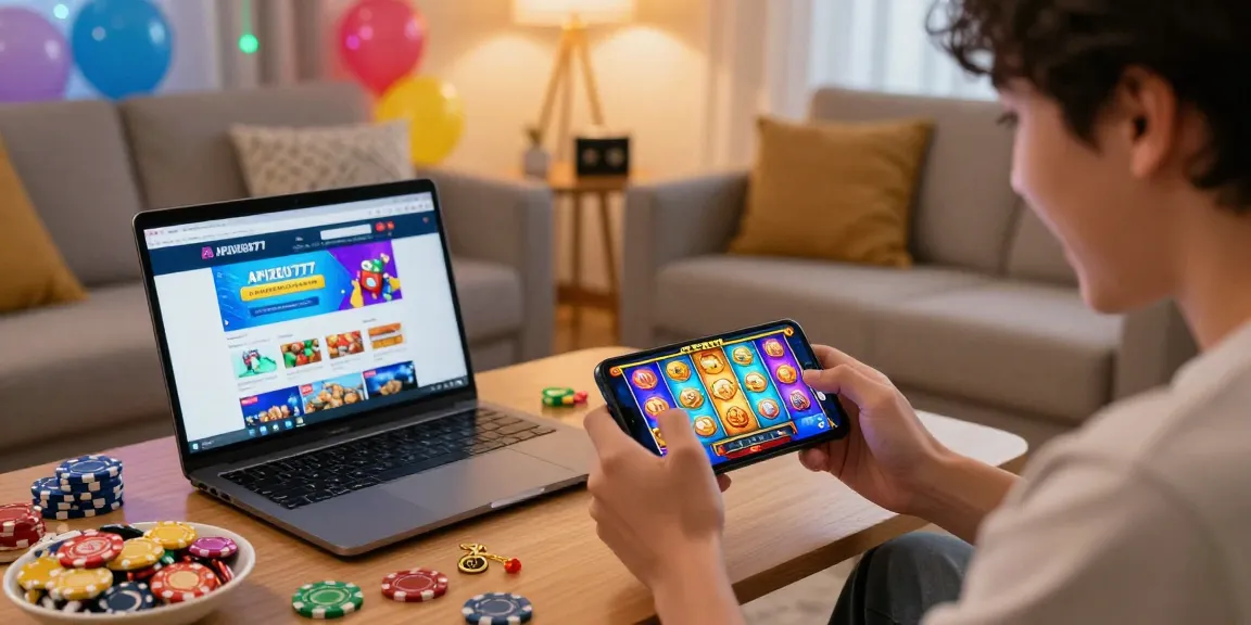 Excited player engaging with link apizeus777 on a mobile slot game in a cozy setting.