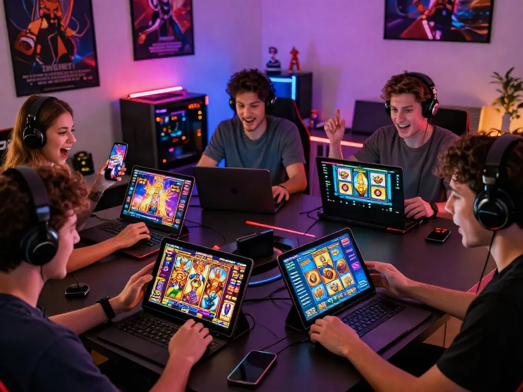 Players enjoying slot resmi games on various devices in a vibrant online gaming setup.