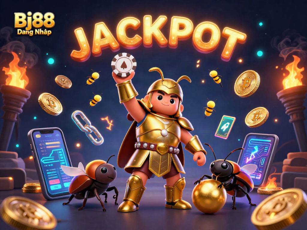 Engage in thrilling action at Bj88 Đăng Nhập with epic wins and golden victory moments in this vibrant illustration.