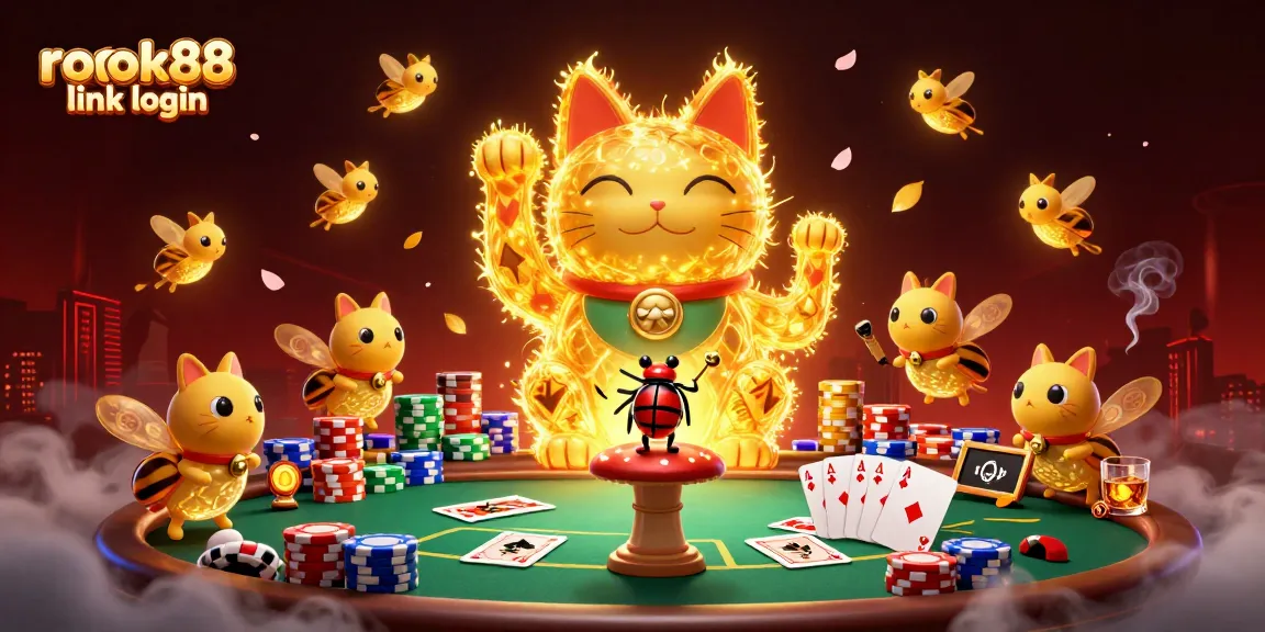 Experience the excitement with rokok88 link login, a vibrant illustration of a lucky cat and poker atmosphere.