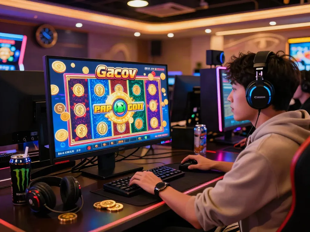 Gamer engaged in thrilling slot gacor online gaming experience, showcasing vibrant graphics and excitement of winnings.