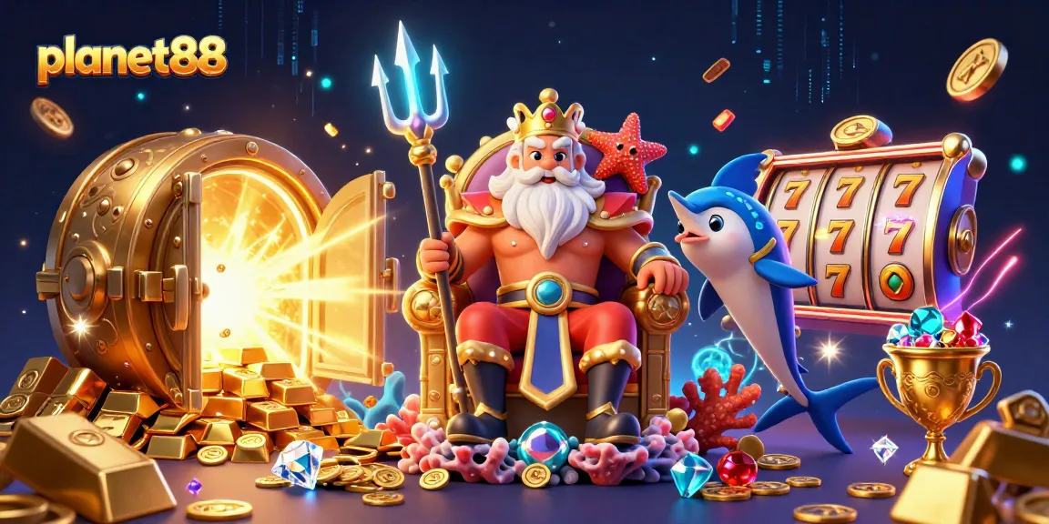Spin to win at planet88: 3D cartoon sea king Neptune and samurai in a vibrant casino treasure scene.