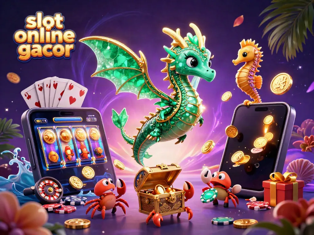 Play thrilling slot online gacor with vibrant cartoon elements, featuring a sea dragon and casino symbols.