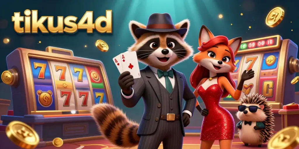 Tikus4d offers thrilling slots with a raccoon, fox, and hedgehog enjoying a winning moment in a vibrant gaming scene.