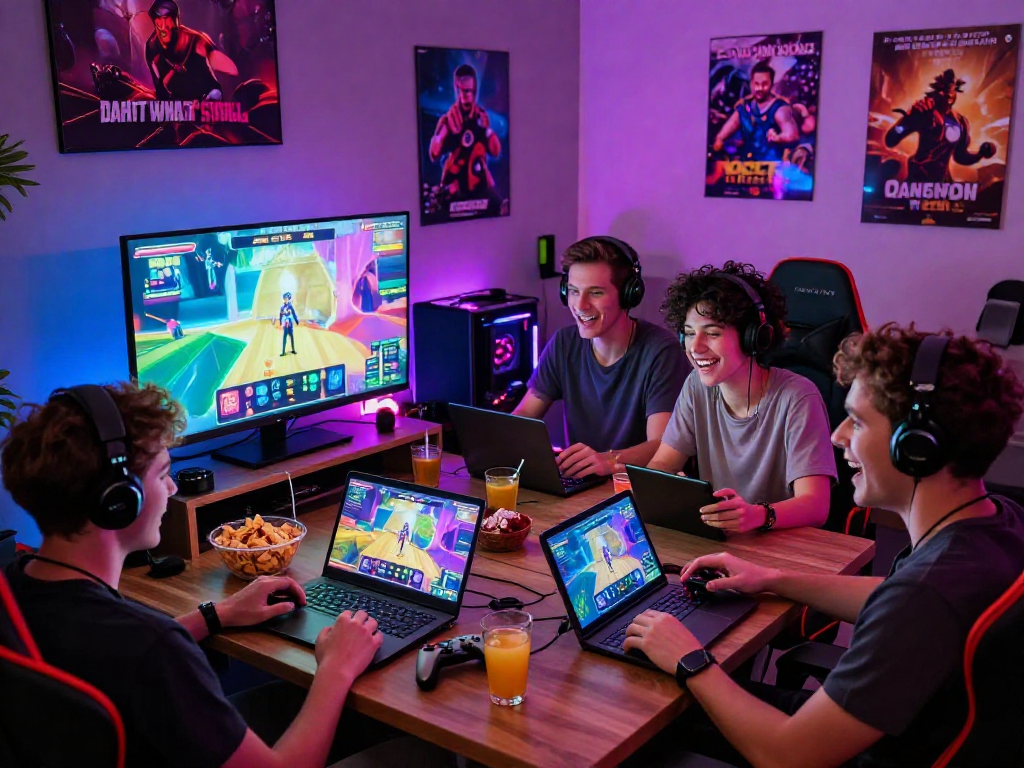Friends enjoying a fun night playing porn games online together in a game room.