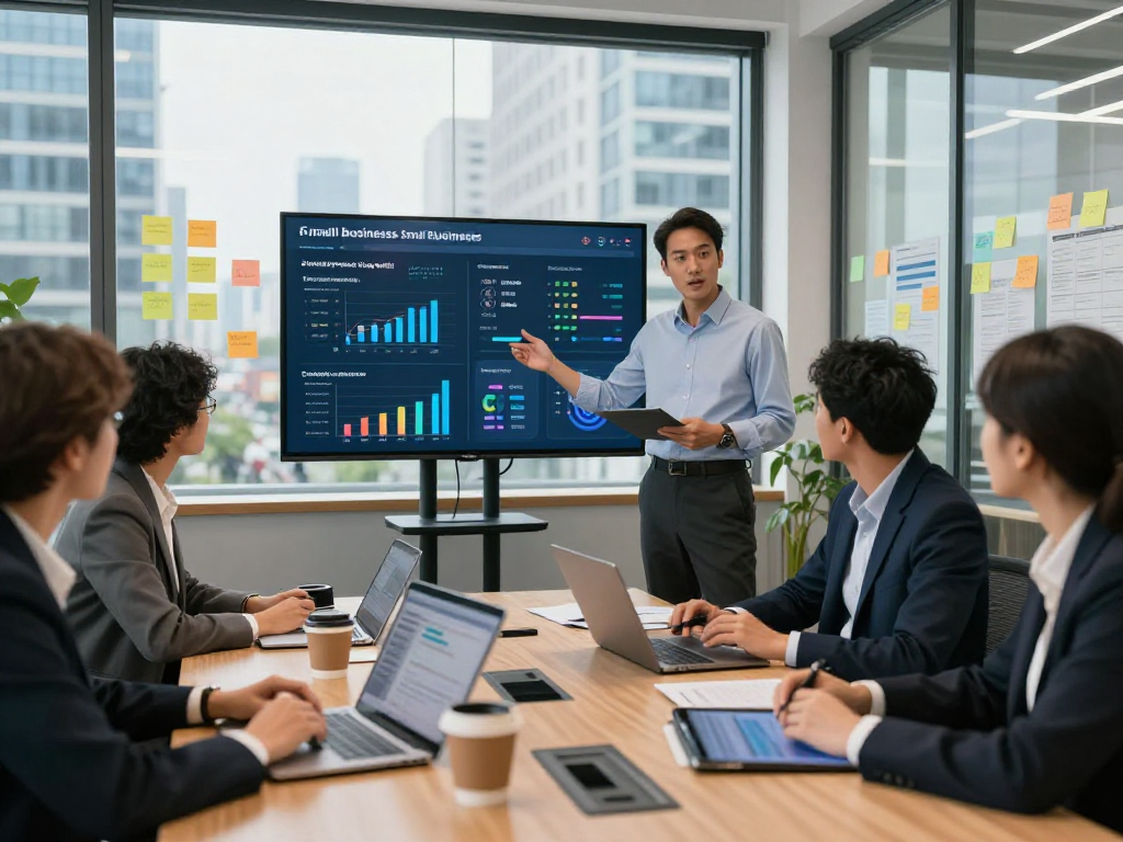 AI receptionist for small business showcased in a modern office meeting, highlighting benefits and collaboration.