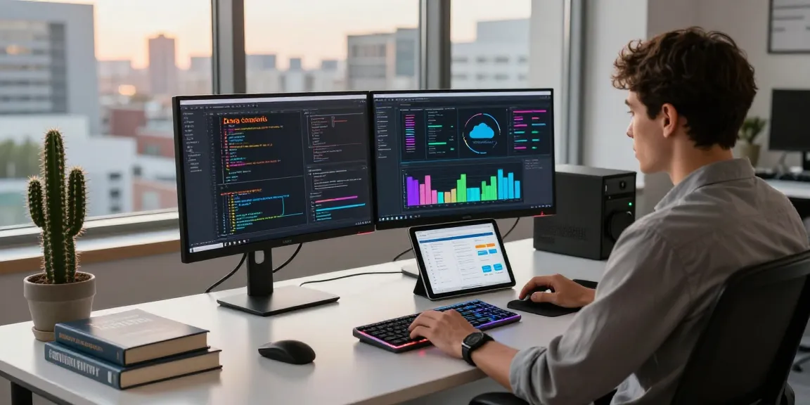 Focused developer in a modern workspace optimizing VPS by Hostneverdie, showcasing high-tech setup and vibrant coding.