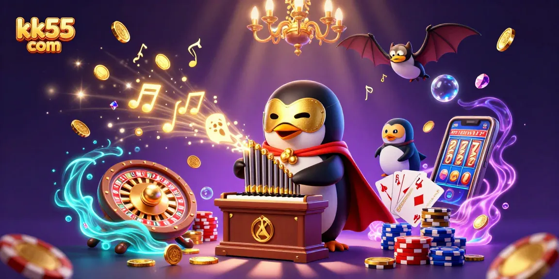 Experience the thrill at kk55 com with a cartoon penguin playing an organ shooting coins while acrobat bats fly.