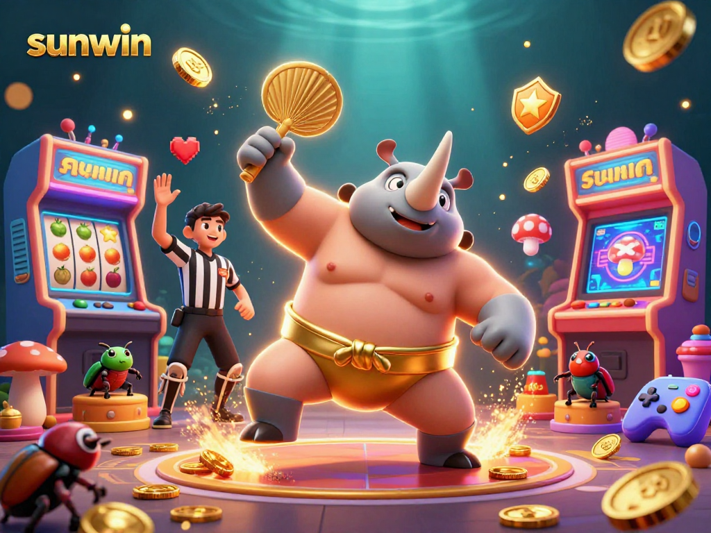 Experience sunwin's thrilling gameplay with vibrant characters, golden coins, and arcade elements in this 3D illustration.