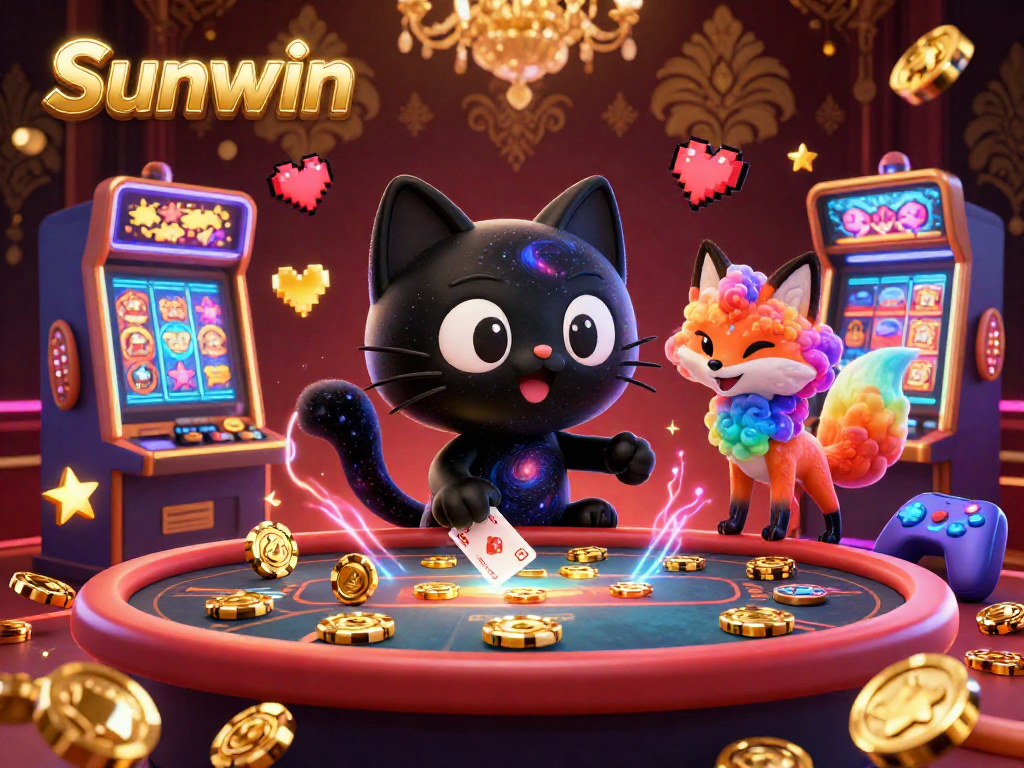 Experience the thrill of Sunwin with a cosmic casino scene featuring a black hole cat and nebula fox.