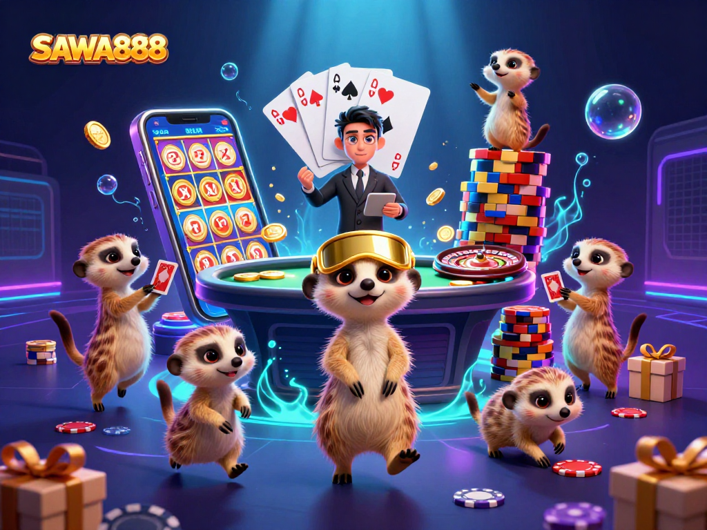 SAWA888 meerkats orchestrating a vibrant casino scene with slot games and chips.
