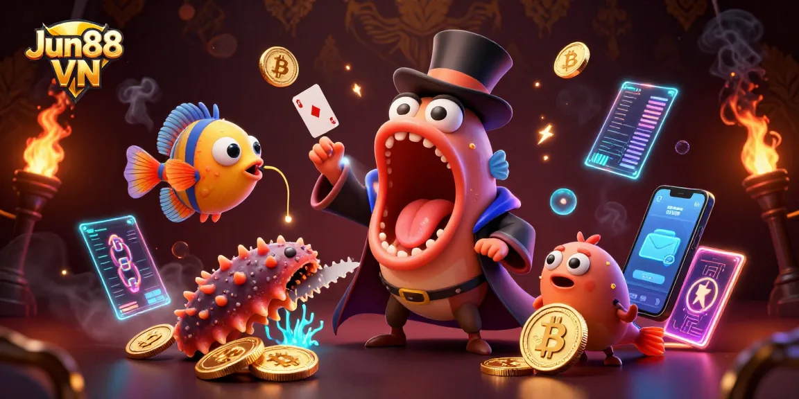 Experience the thrill of Jun88 VN with dynamic 3D characters performing casino magic surrounded by crypto elements.