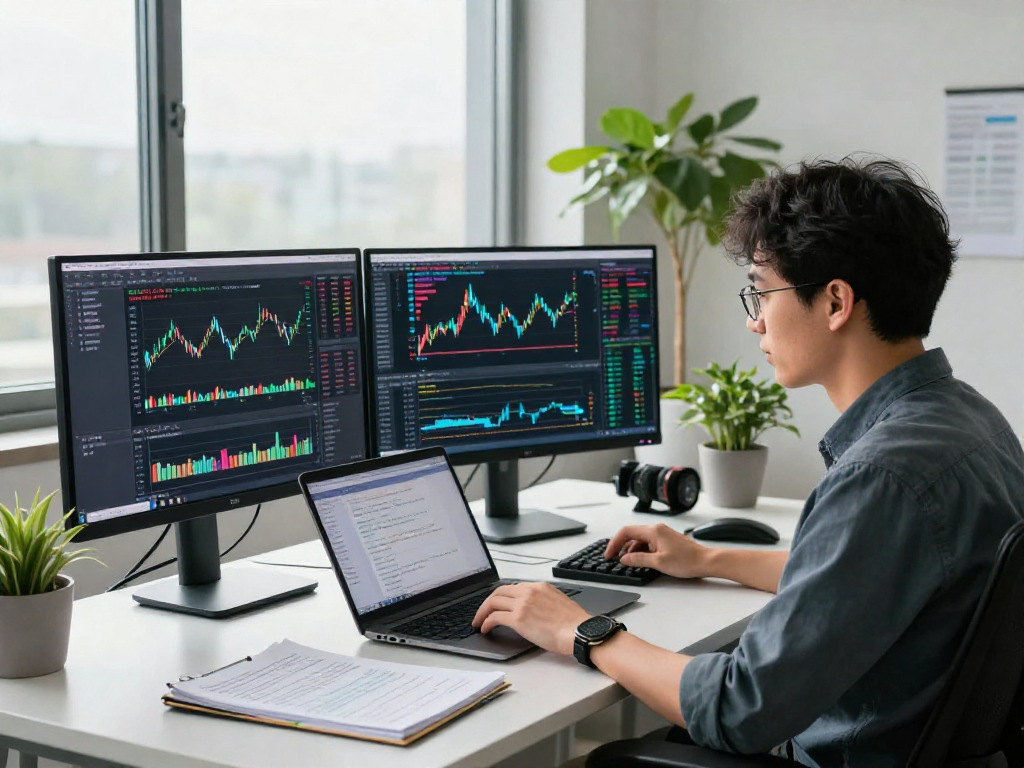 Developer utilizing Japan stock historical Kline API at a modern trading desk with data-rich screens and vibrant charts.