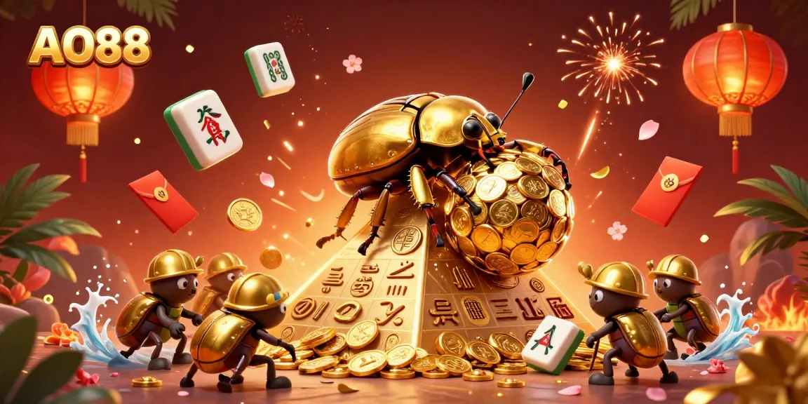 AO88 showcases an intense casino scene with golden beetles rolling coins amid festive decorations, symbolizing gaming excitement.