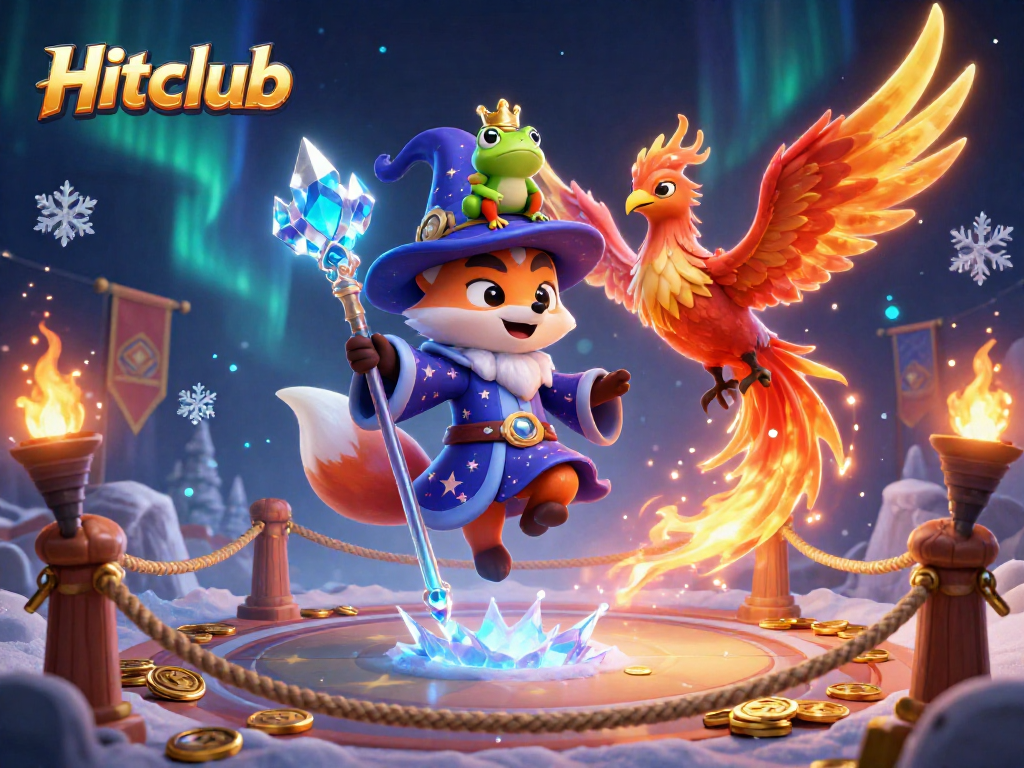 Hitclub gaming illustration featuring a wizard fox, phoenix, and enchanted frog among casino elements.