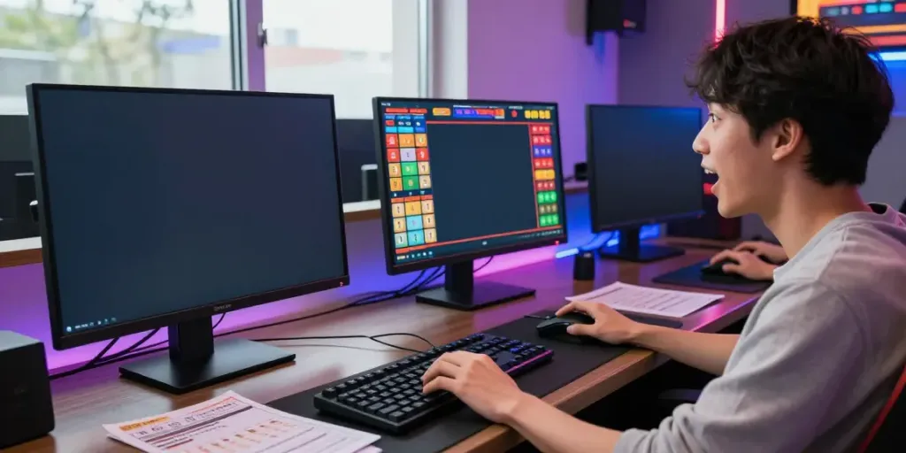 Player immersed in togel online gaming with vibrant graphics and gaming accessories.