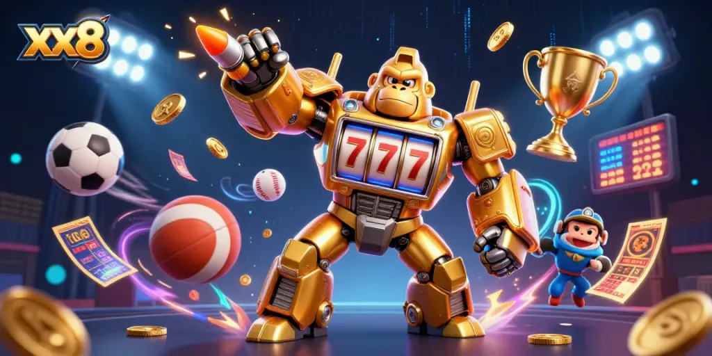 Engage in exciting gambling action at xx8 with vibrant illustrations of golden mech, sports elements, and dynamic gaming atmosphere.