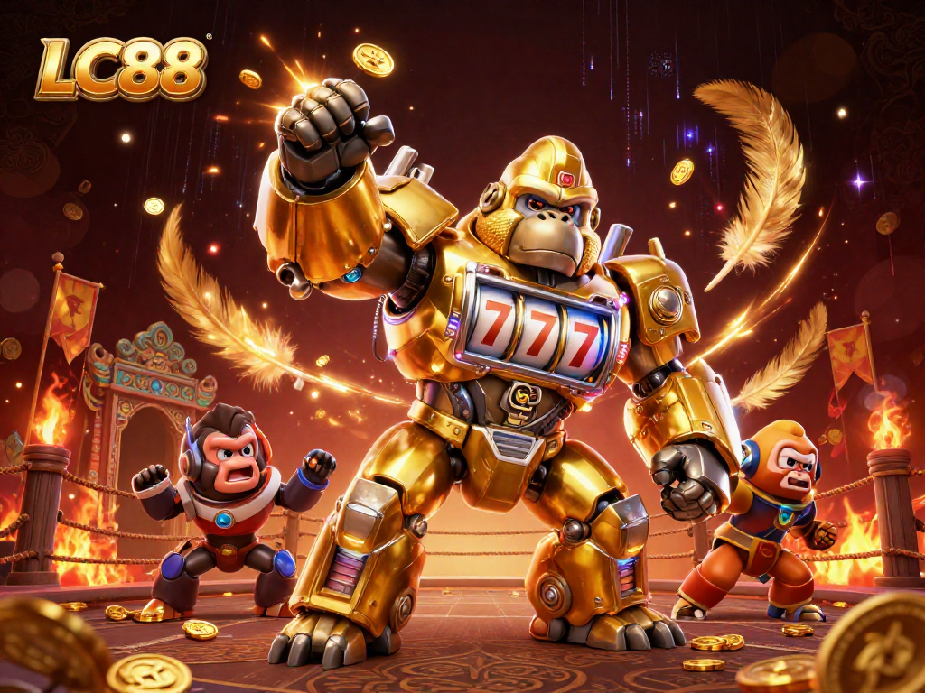 LC88 gaming scene with a golden gorilla mech and dynamic action elements in a casino-like environment.