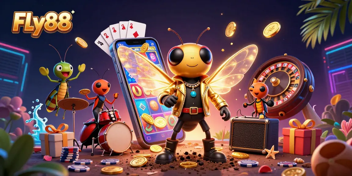 FLy88 showcases an exciting gambling scene filled with colorful slots and vibrant characters.