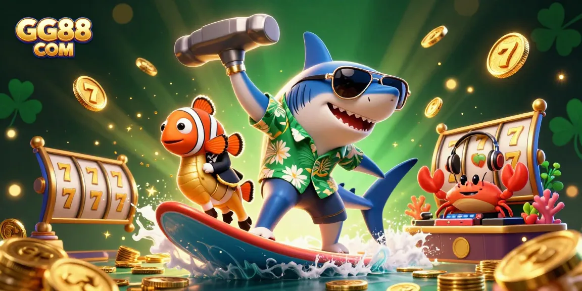 Experience thrilling wins at GG88 COM with a vibrant 3D illustration of slot games and underwater adventures.
